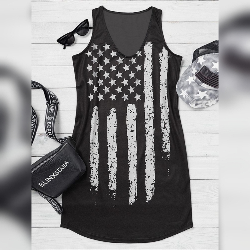 Black American Flag Print Mini Dress - Women's Sleeveless V-Neck